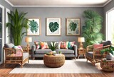 A harmonious blend of nature and relaxation in a tropical-themed living room, Tranquil living room filled with exotic plants and stylish wicker seating, Cozy tropical oasis with lush greenery.