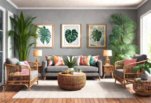 A harmonious blend of nature and relaxation in a tropical-themed living room, Tranquil living room filled with exotic plants and stylish wicker seating, Cozy tropical oasis with lush greenery. photo