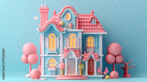 A cute cartoon house with pink and blue colors and a garden