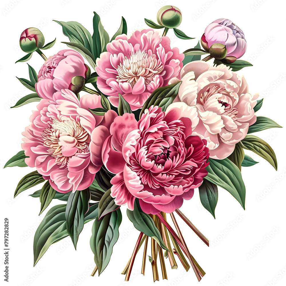 Clipart illustration a bouquet of Peony on white background. Suitable for crafting and digital design projects.[A-0007]