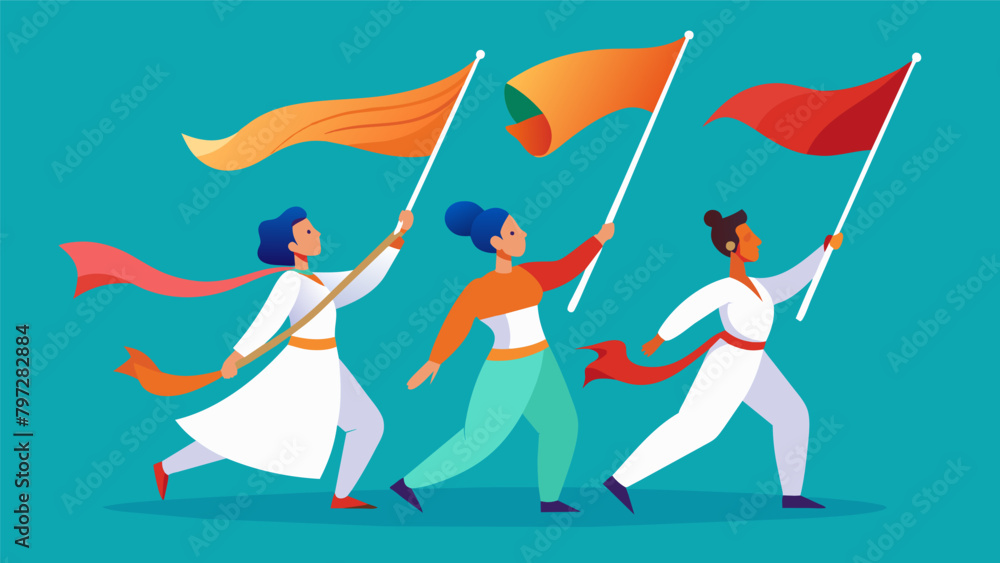 Whirling Flags The color guard team spinning and tossing their flags with precision and grace adding a touch of elegance to the parade.. Vector illustration Whirling Flags The color guard team spinning and tossing their flags with precision and grace adding a touch of elegance to the parade.. Vector illustration