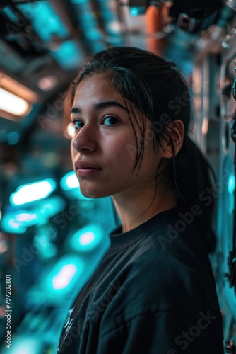Young woman in a futuristic setting with neon lights