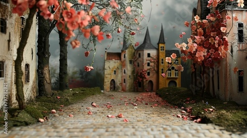 A miniature European-style street with pink flowers falling from the trees. photo