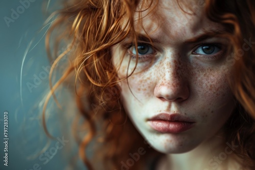 Portrait of a young woman with curly red hair and freckles