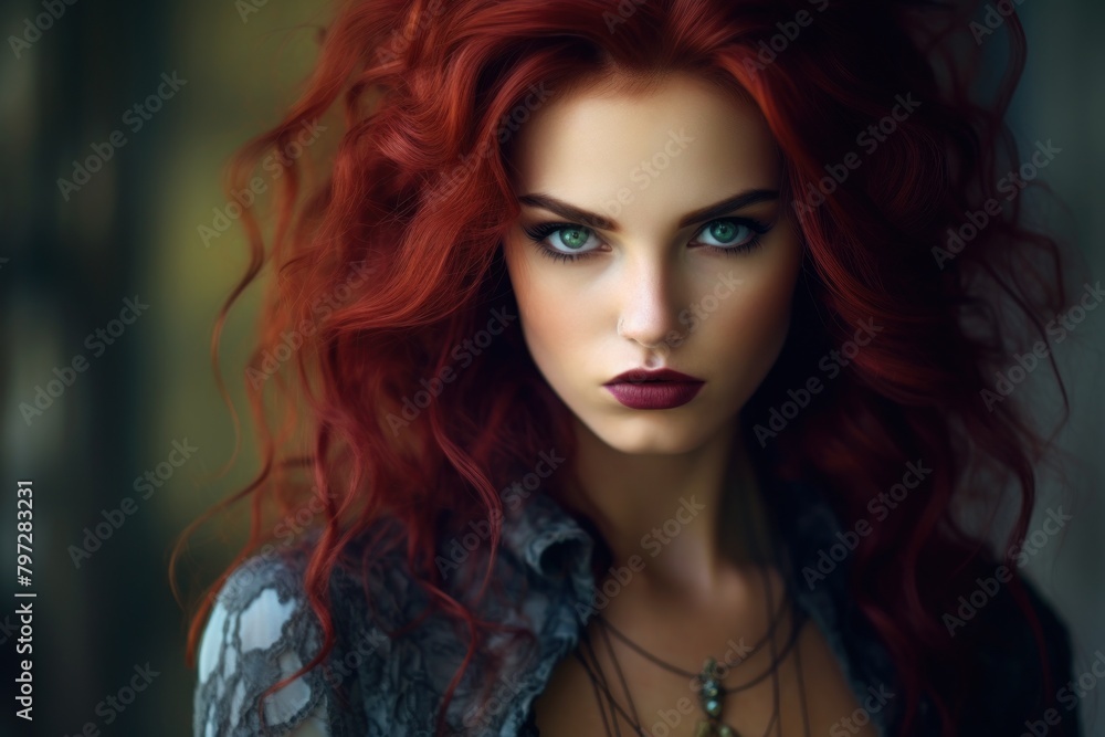Portrait of a Woman with Vibrant Red Hair and Striking Green Eyes