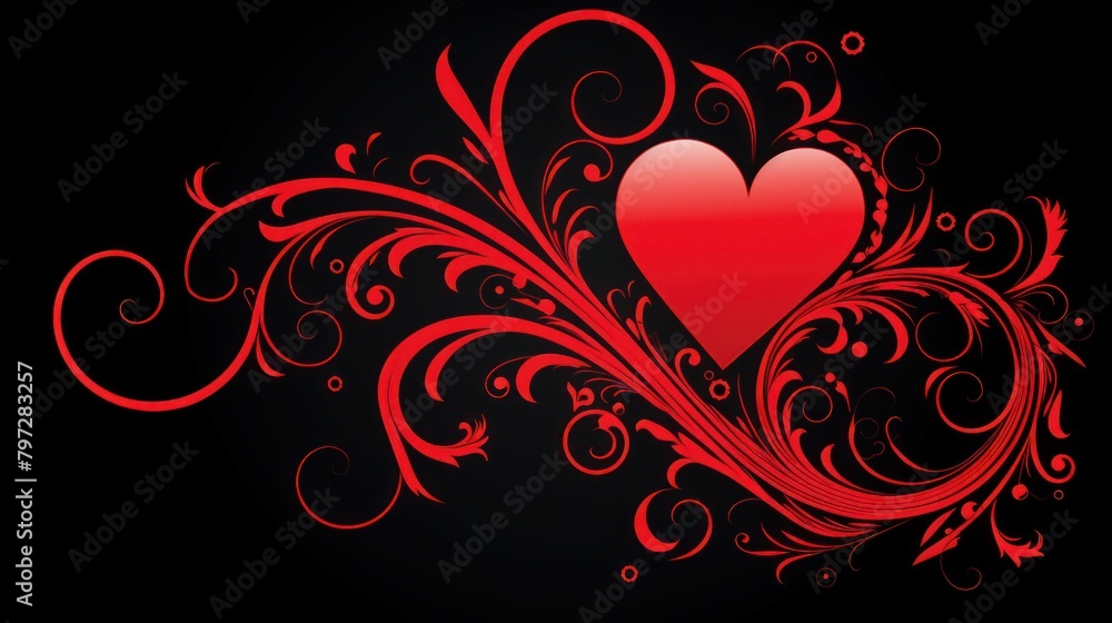Abstract Red Heart with Ornamental Swirls on Black Background Abstract Red Heart with Ornamental Swirls on Black Background