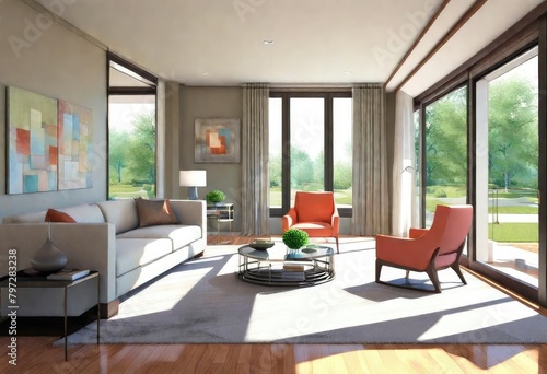 Sunlit living room with elegant sliding glass doors, Spacious living room featuring stylish glass sliding doors, Modern living room with sleek sliding glass doors. © Sunny ART