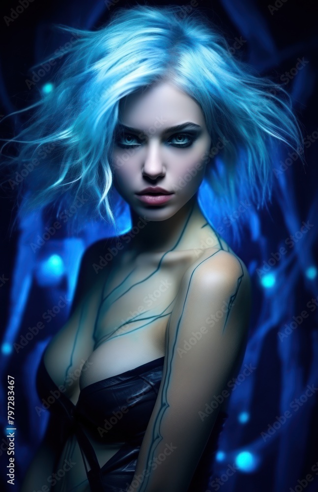 Mysterious woman with glowing blue hair in a dark setting Mysterious woman with glowing blue hair in a dark setting
