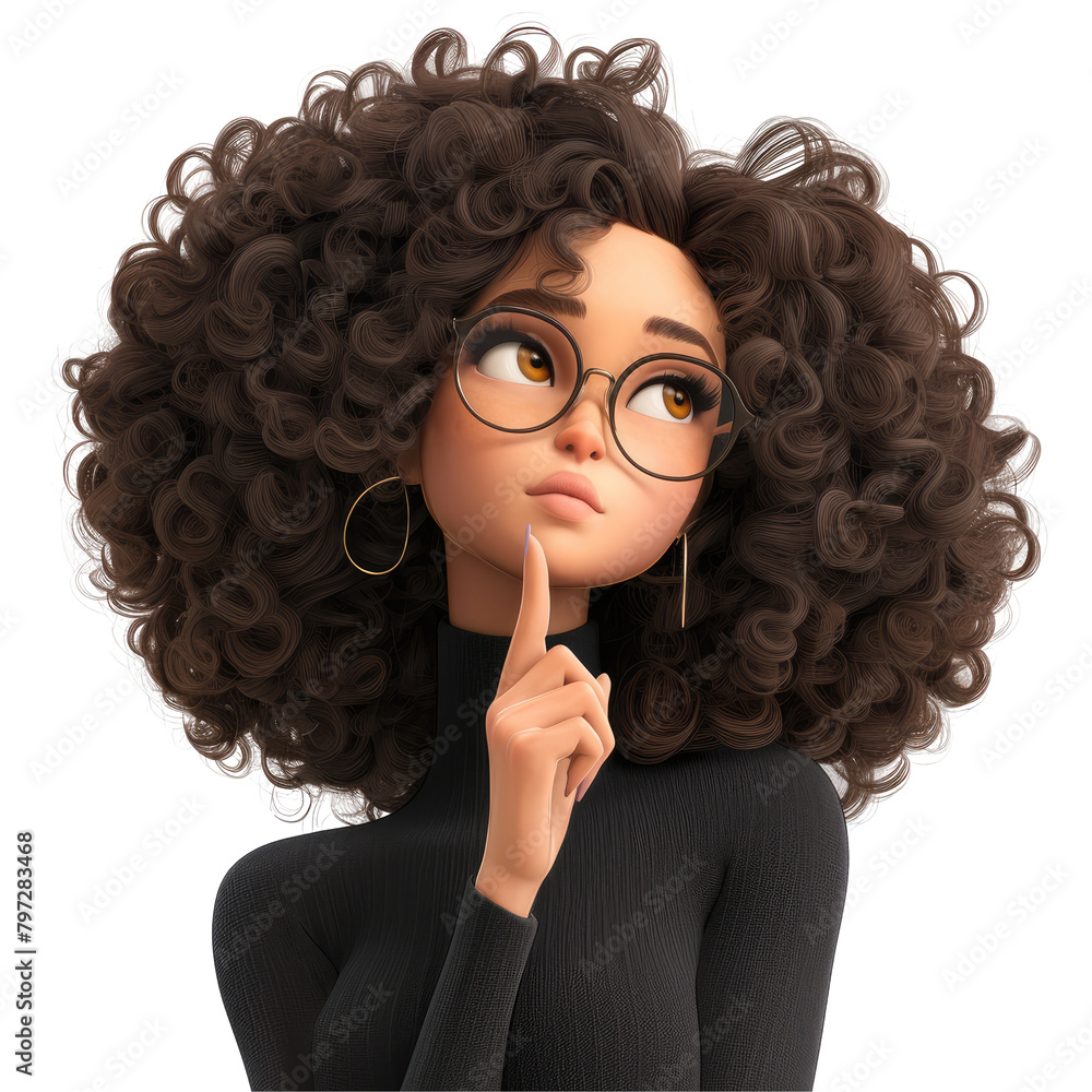 A cartoon woman with stylish hair is deep in thought in a beauty studio dedicated to cosmetics and skincare set against a clean transparent background This image evokes ideas of female beauty hair 
