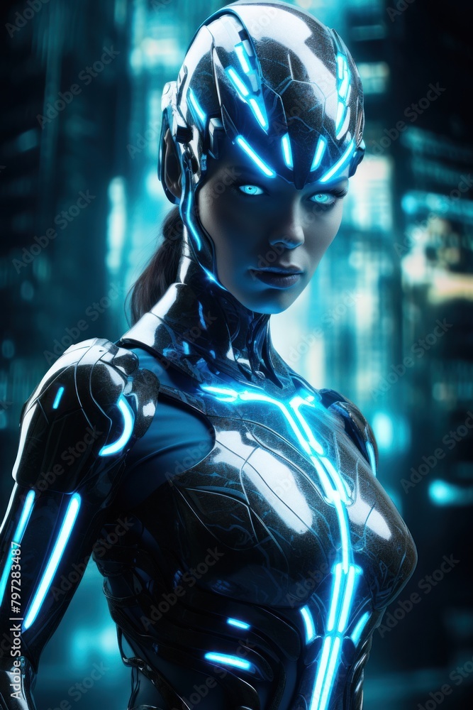 Futuristic Cyborg Woman with Neon Lighting Futuristic Cyborg Woman with Neon Lighting