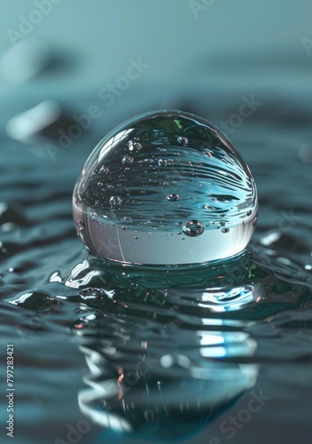 Close-up of a pristine water droplet on a reflective surface