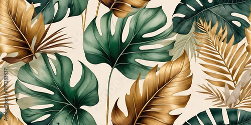 Vintage tropical green brown leaves, beige background, golden texture. Luxury mural, premium wallpaper. 3d painting illustration, watercolor design. Seamless border. photo