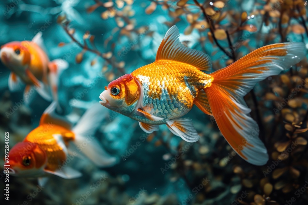 Vibrant goldfish swimming in a serene underwater environment Vibrant goldfish swimming in a serene underwater environment