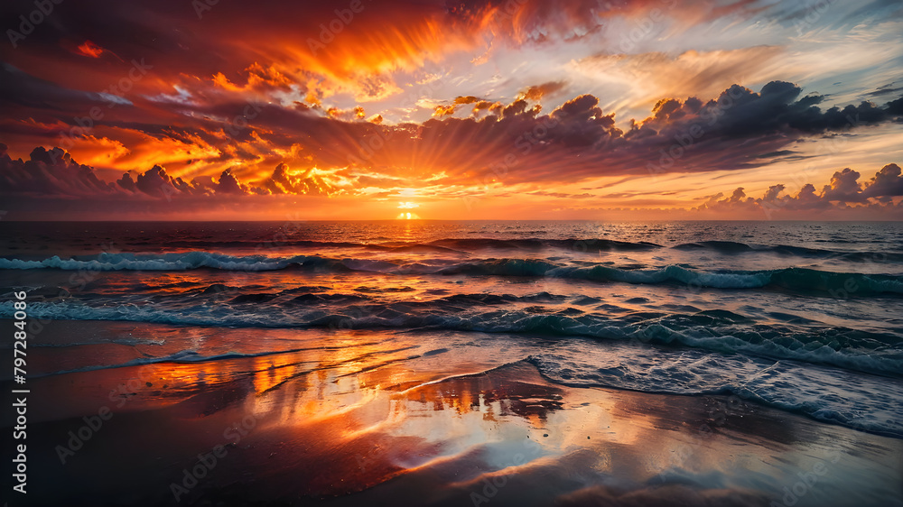 A Fiery Sunset Painting the Serenity of a Mirror-Like Ocean with Dissolving Skies