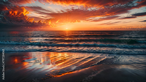 A Fiery Sunset Painting the Serenity of a Mirror-Like Ocean with Dissolving Skies