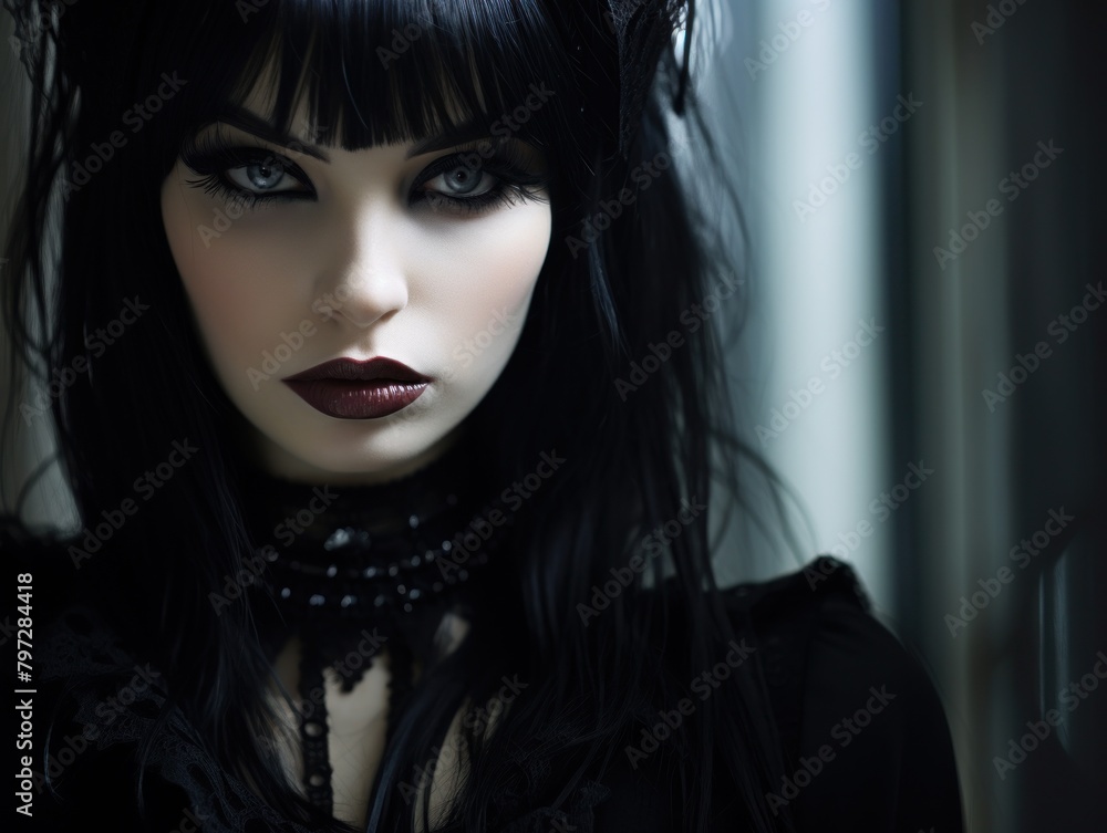 Mysterious gothic woman with dark makeup looking intensely at the camera