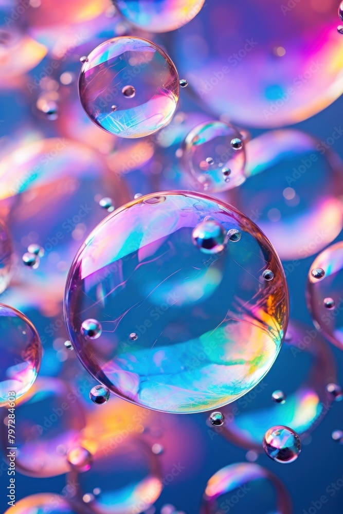 Fototapeta premium Colorful soap bubbles floating with a vibrant background