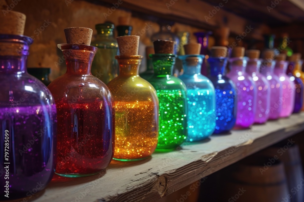 Colorful glass bottles on a wooden shelf