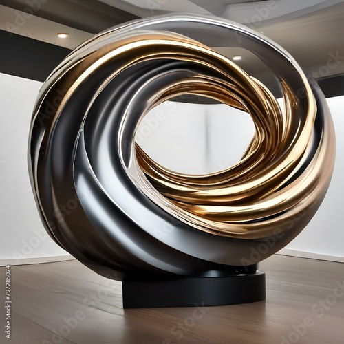 A sleek, metallic sculpture twisting and turning in a hypnotic display of motion and form, reflecting light in captivating ways, mesmerizing the observer and inviting contemplation of its beauty3 photo