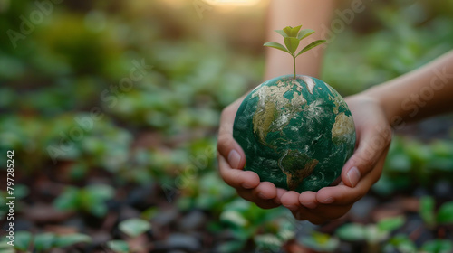 Global sustainable environment concept - ESG, net zero, eco, co2, carbon, human hand holding green globe orb with growing tree save our planet, world environment day, earth day and climate change. 
