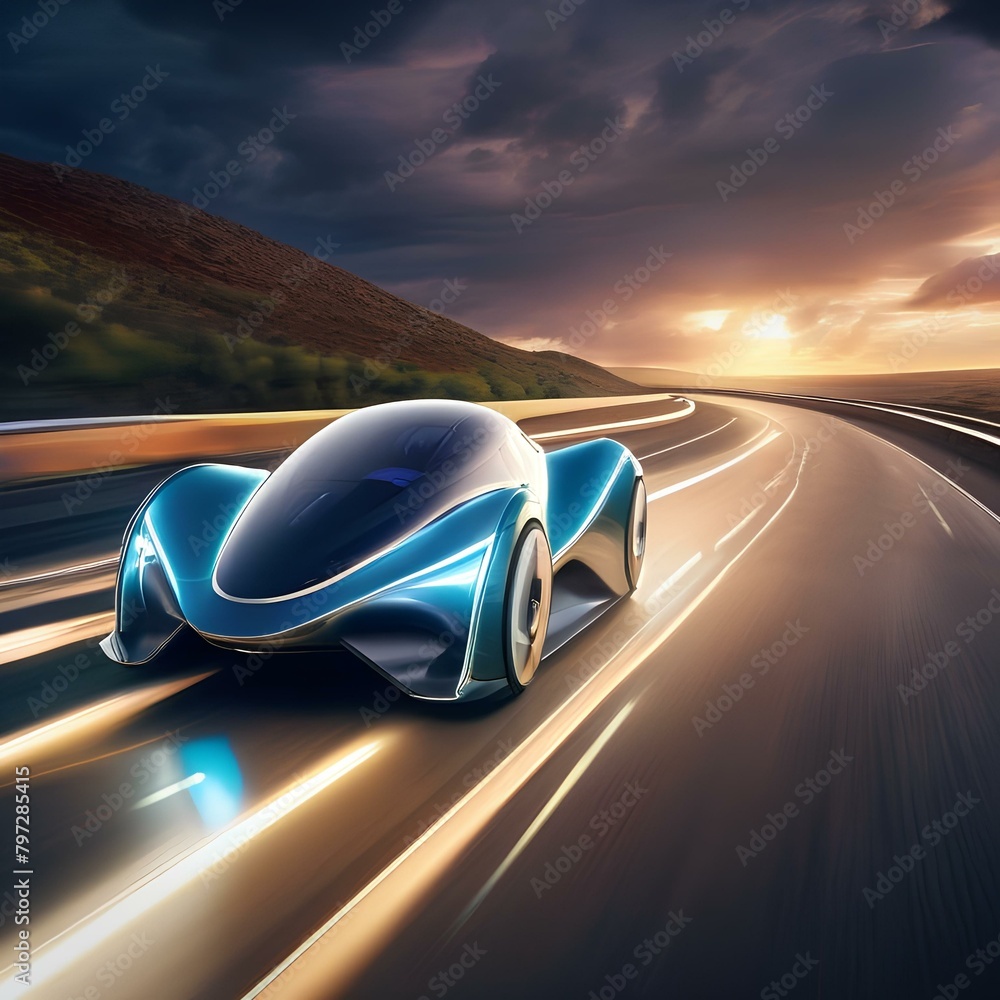 A futuristic vehicle navigating through a digital landscape, leaving a trail of light and motion in its wake, symbolizing progress and innovation5
