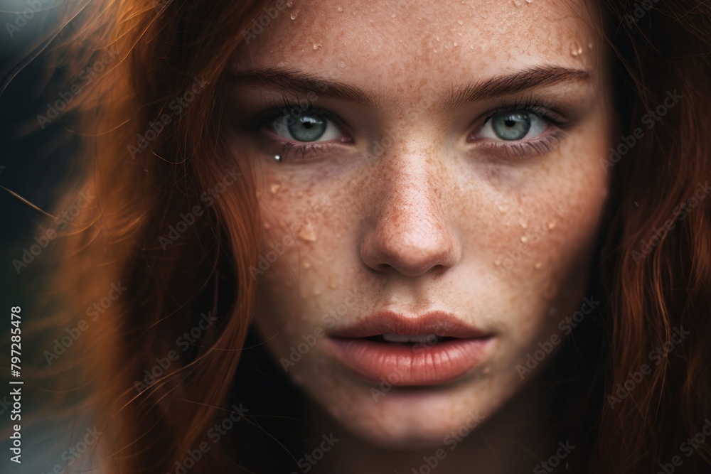 Portrait of a Woman with Freckles and Raindrops on Her Face Portrait of a Woman with Freckles and Raindrops on Her Face