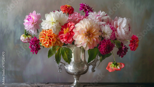 A vintage-inspired mercury glass vase holding a mix of dahlias and peonies  exuding timeless elegance.