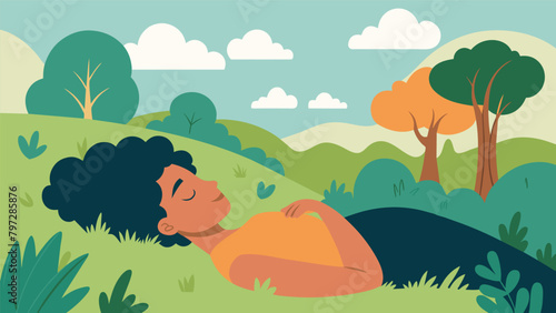 A person lays in a field of soft grass closing their eyes and listening to the calming whispers of the wind through the trees..