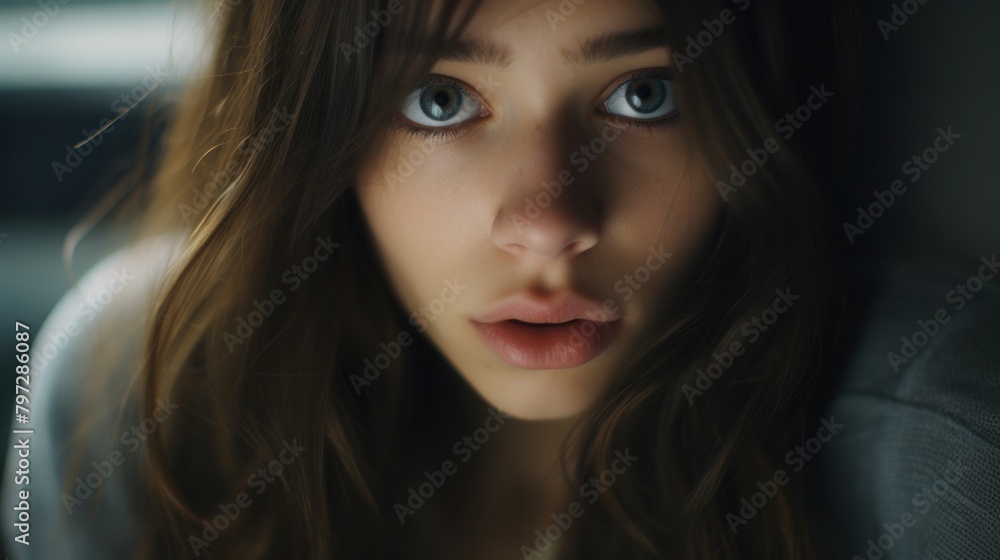 Close-up of a Young Woman with a Pensive Expression