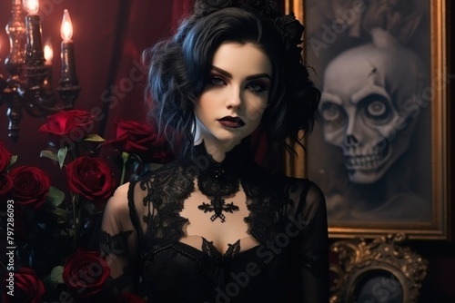 Mysterious woman in gothic attire with skull painting in the background