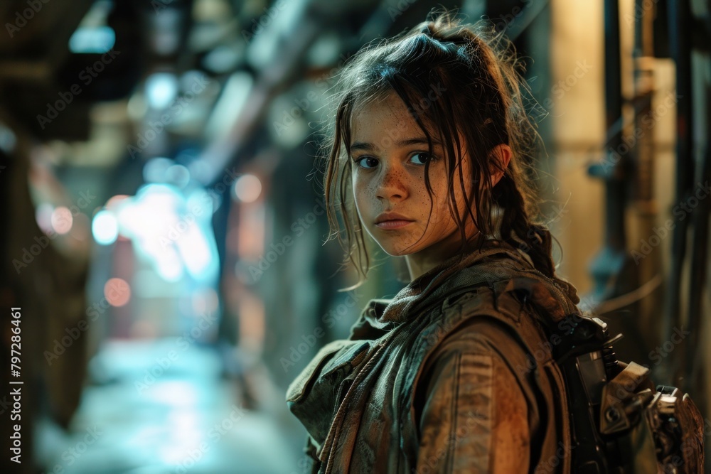 Young girl with a determined look in a dystopian setting