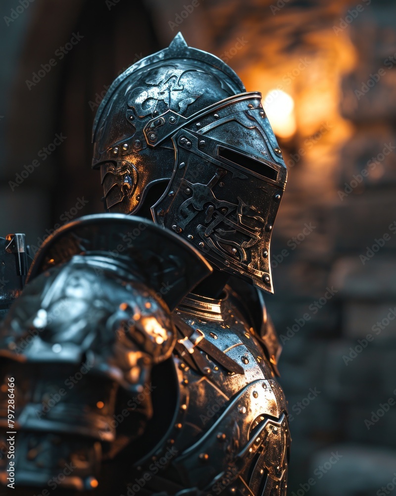 Medieval knight armor on display with dramatic lighting Medieval knight armor on display with dramatic lighting
