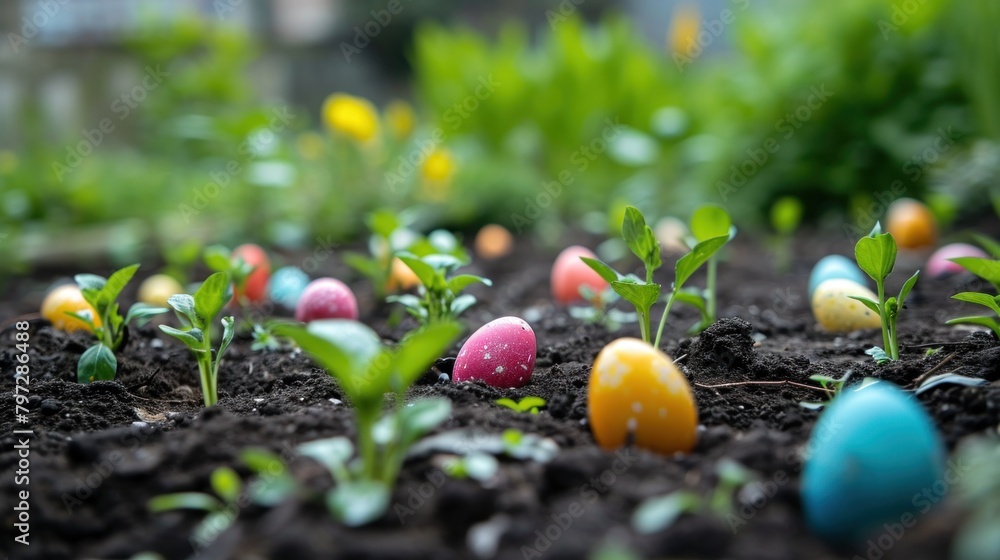 Colorful Easter eggs hidden among spring plants in a garden