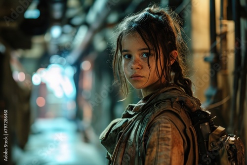 Young girl with a determined look in a dystopian setting