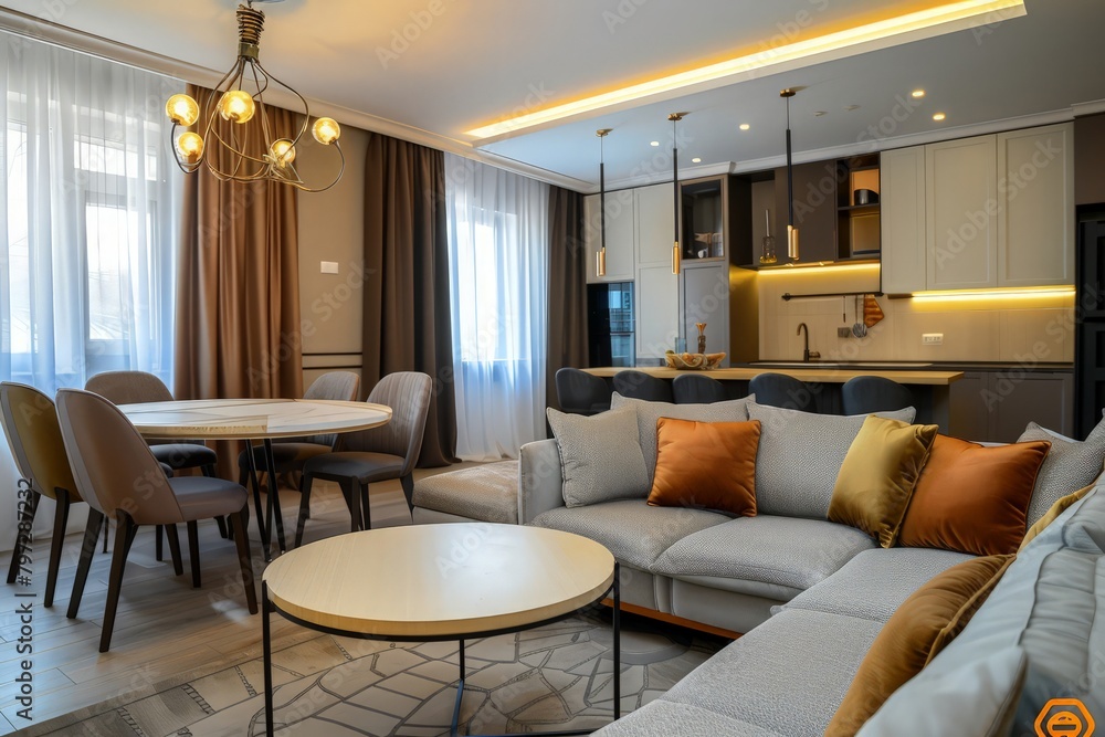 Cozy apartment interior with sofa, round table and chairs Cozy apartment interior with sofa, round table and chairs