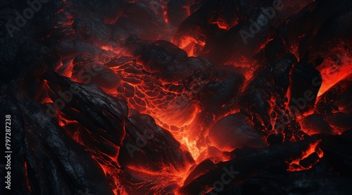 Glowing Lava Flow Through Dark Rocks photo