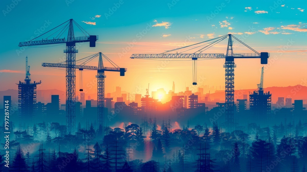 Cranes towering over the skyline, lifting materials into place , abstract , background Cranes towering over the skyline, lifting materials into place , abstract , background