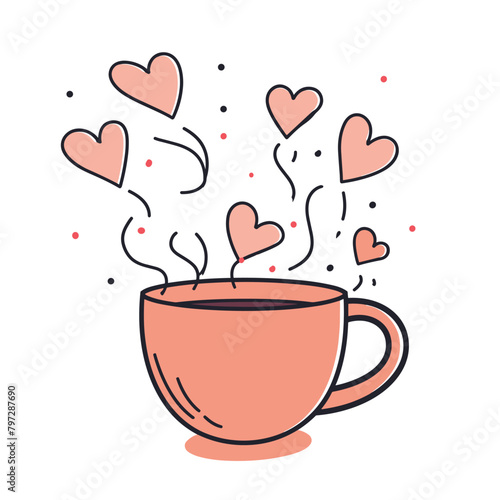 Cute coffee cup with heart shape flat vector illustration