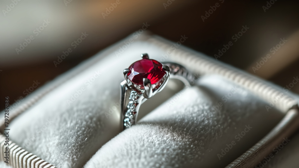 Ruby engagement ring with diamonds in a velvet box. Luxury and romance concept. Macro shot with selective focus for design and print. Ruby engagement ring with diamonds in a velvet box. Luxury and romance concept. Macro shot with selective focus for design and print.