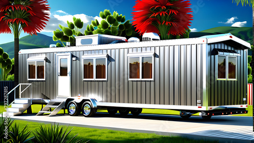 house, Mobile Home: Transportable dwelling on wheels, often in dedicated communities, offering affordable housing options,Generative AI photo
