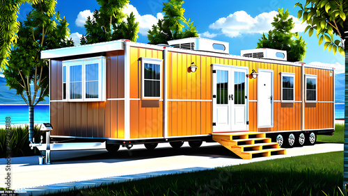 house, Mobile Home: Transportable dwelling on wheels, often in dedicated communities, offering affordable housing options,Generative AI photo