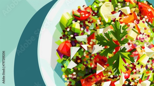A stylized version of a Quinoa salad with geometric shapes and bold colors