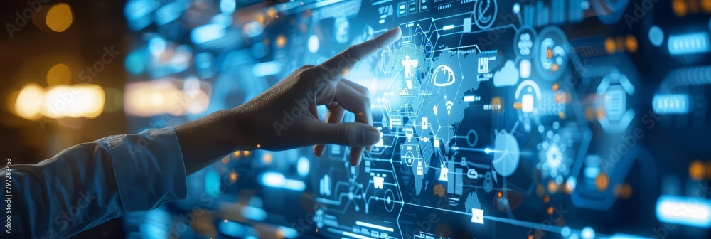 A person in a white shirt is touching a futuristic screen with their finger. A person in a white shirt is touching a futuristic screen with their finger.