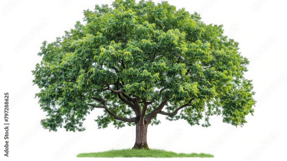 Obraz premium A large, green tree with a thick trunk and lush foliage.