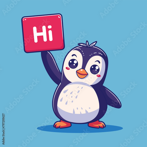 Cute penguin holding hi sign flat vector illustration