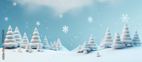 Winter landscape with snowdrifts and snowy fir trees. . Festive holiday xmas horizontal banner with stars, cloud, snowfall and moon. photo