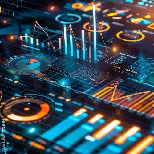  Futuristic dashboard with graphs, charts, and data. Elements are blue and orange and the background is black.