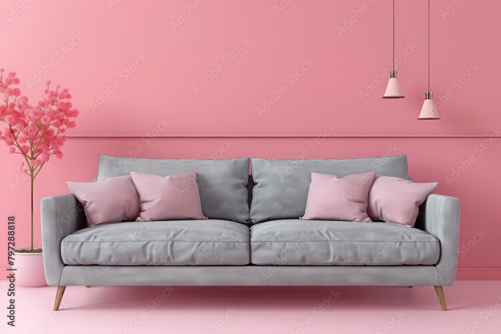 Gray sofa in pink living room and blank space for mockup, 3D rendering Gray sofa in pink living room and blank space for mockup, 3D rendering