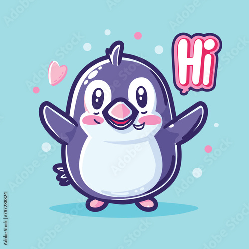 Cute penguin holding hi sign flat vector illustration
