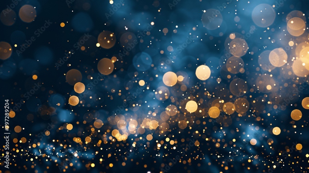 Abstract background with dark blue and gold particles, golden Christmas light particles shine bokeh on a dark blue background, gold foil texture concept. Abstract background with dark blue and gold particles, golden Christmas light particles shine bokeh on a dark blue background, gold foil texture concept.